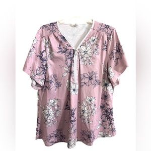 (3 for $15) Pink Floral Zip Blouse Women’s 2X